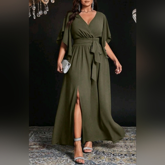 New Flowy Wrap Top Banded Belt Tie Waist Split Maxi Dress PLUS Olive Green - Picture 2 of 9
